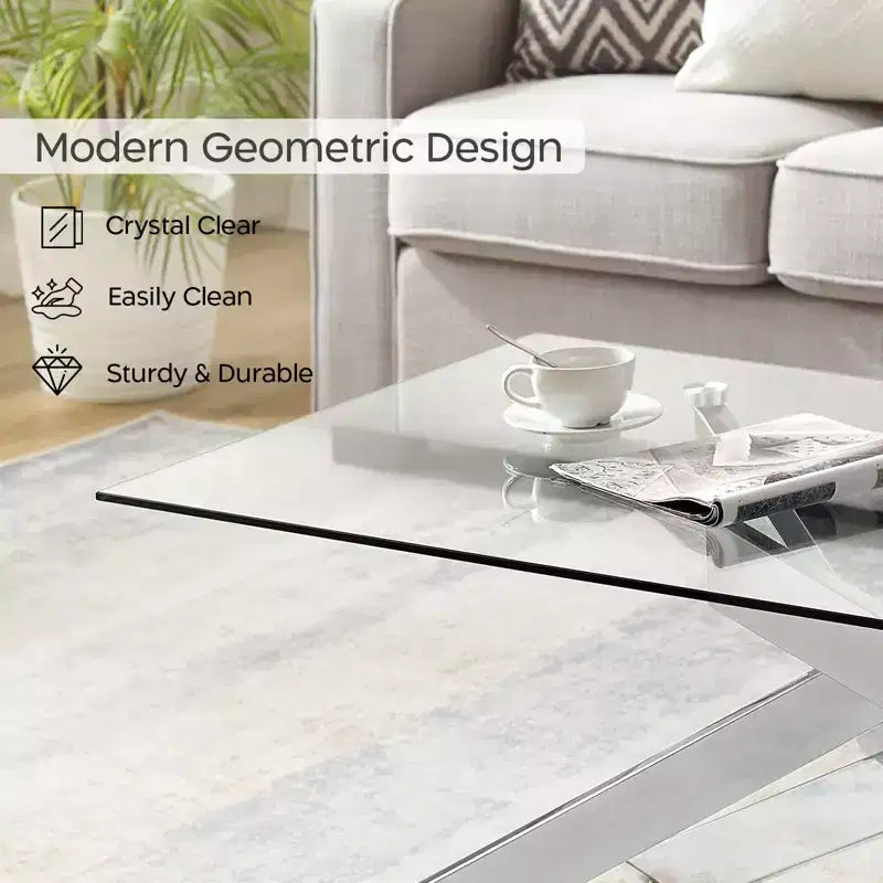 Modern Glass Coffee Table with Tempered Top and Geometric Metal Legs for Living Room