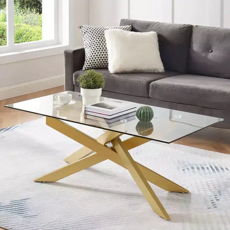 Modern Glass Coffee Table with Tempered Top and Geometric Metal Legs for Living Room