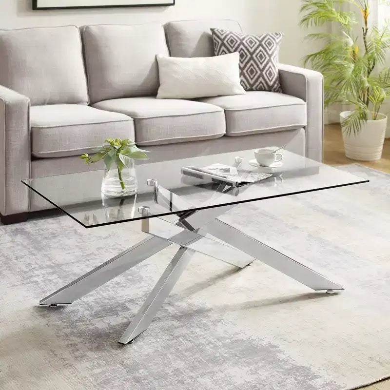 Modern Glass Coffee Table with Tempered Top and Geometric Metal Legs for Living Room