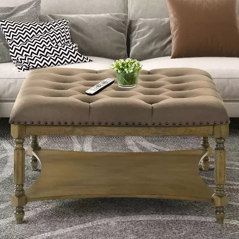 Upholstered Coffee Table - Antique Oak/Velvet Brown