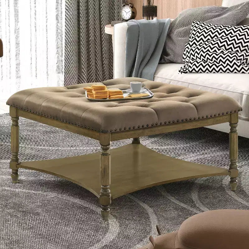 Upholstered Coffee Table - Antique Oak/Velvet Brown