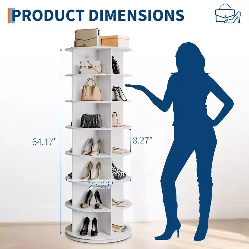 64'' Tall 7-Tier Rotating Shoe Rack Tower, 360° Free Standing Storage for 28-32 Pairs, Round Spinning Organizer for Entryway