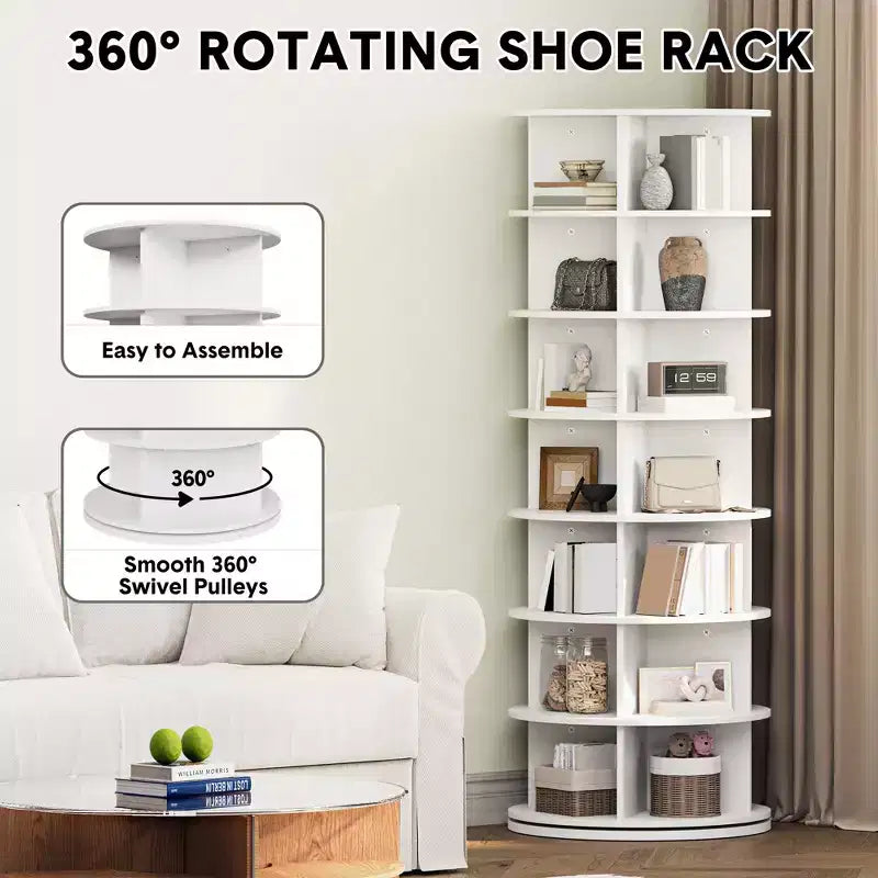 64'' Tall 7-Tier Rotating Shoe Rack Tower, 360° Free Standing Storage for 28-32 Pairs, Round Spinning Organizer for Entryway