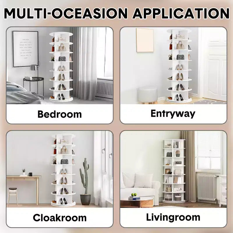 64'' Tall 7-Tier Rotating Shoe Rack Tower, 360° Free Standing Storage for 28-32 Pairs, Round Spinning Organizer for Entryway