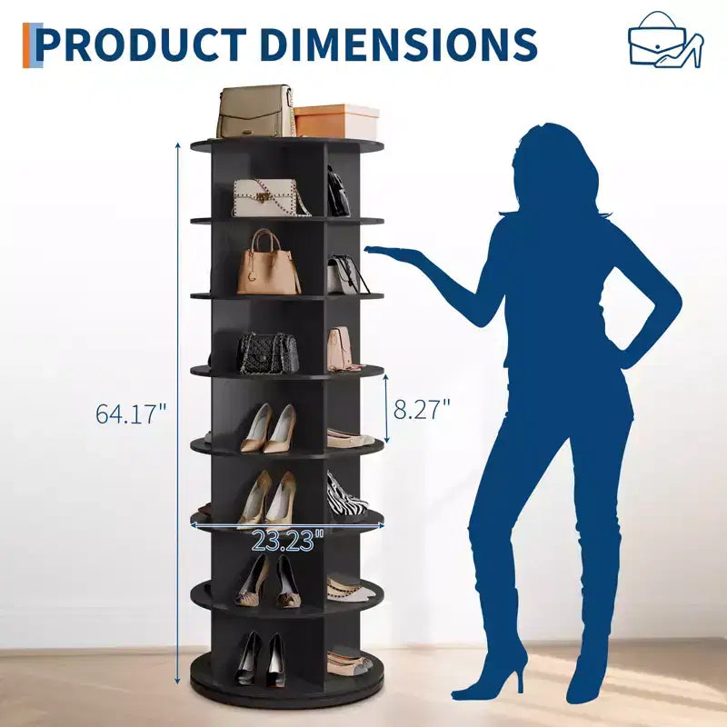 64'' Tall 7-Tier Rotating Shoe Rack Tower, 360° Free Standing Storage for 28-32 Pairs, Round Spinning Organizer for Entryway