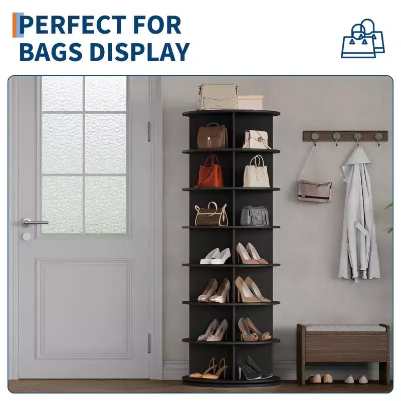 64'' Tall 7-Tier Rotating Shoe Rack Tower, 360° Free Standing Storage for 28-32 Pairs, Round Spinning Organizer for Entryway