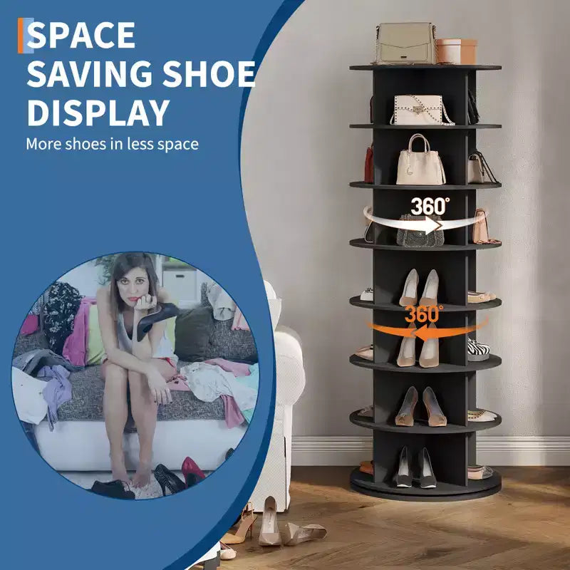 64'' Tall 7-Tier Rotating Shoe Rack Tower, 360° Free Standing Storage for 28-32 Pairs, Round Spinning Organizer for Entryway