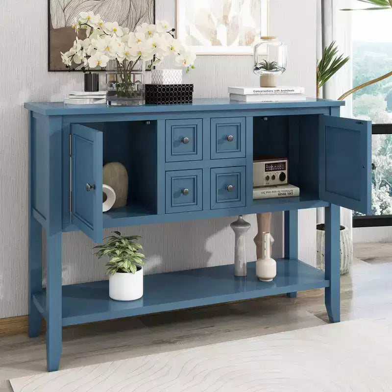 Vintage 46'' Solid Wood Console Table with Cabinets and Bottom Shelf