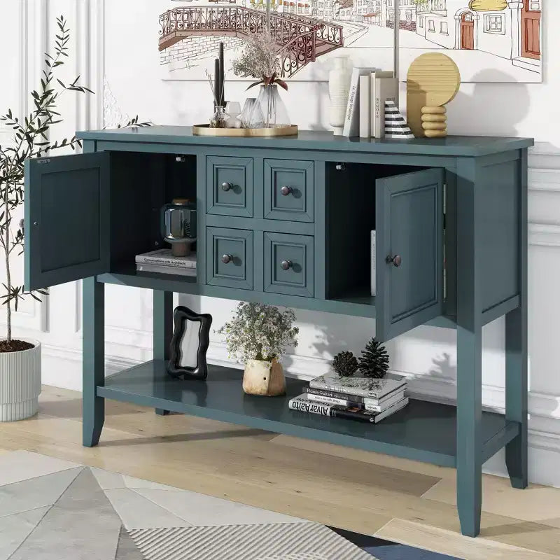 Vintage 46'' Solid Wood Console Table with Cabinets and Bottom Shelf