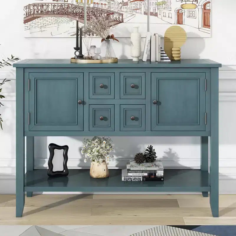 Vintage 46'' Solid Wood Console Table with Cabinets and Bottom Shelf