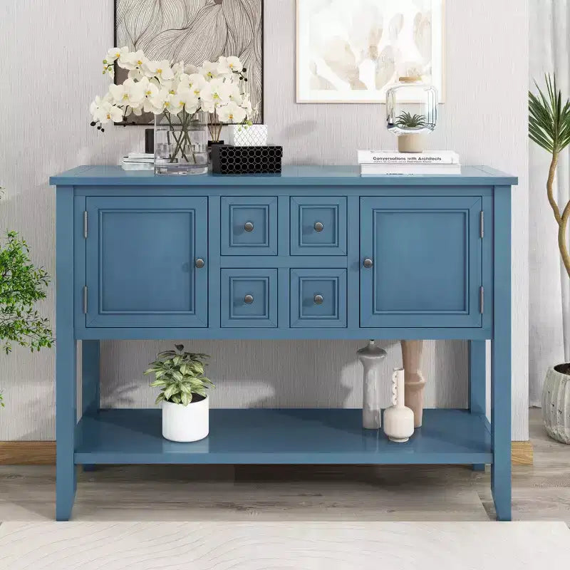 Vintage 46'' Solid Wood Console Table with Cabinets and Bottom Shelf