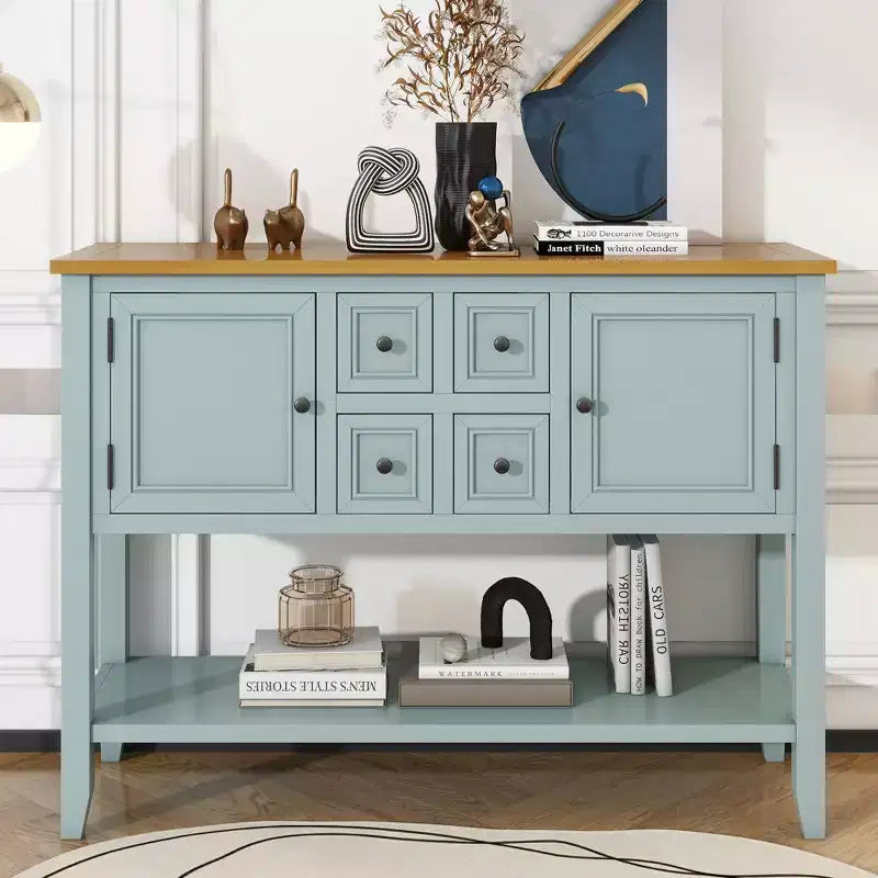 Vintage 46'' Solid Wood Console Table with Cabinets and Bottom Shelf
