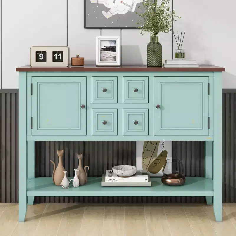 Vintage 46'' Solid Wood Console Table with Cabinets and Bottom Shelf