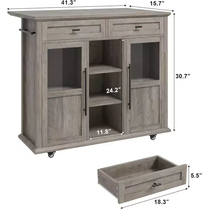41'' Mobile Farmhouse Kitchen Island with Drop Leaf, Glass Door Cabinets, Open Shelves, 2 Drawers, Towel Bar, Black/Wood