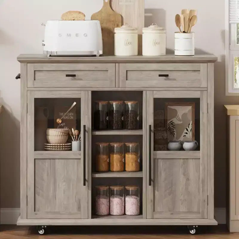41'' Mobile Farmhouse Kitchen Island with Drop Leaf, Glass Door Cabinets, Open Shelves, 2 Drawers, Towel Bar, Black/Wood