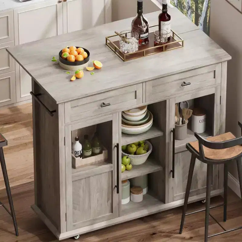 41'' Mobile Farmhouse Kitchen Island with Drop Leaf, Glass Door Cabinets, Open Shelves, 2 Drawers, Towel Bar, Black/Wood