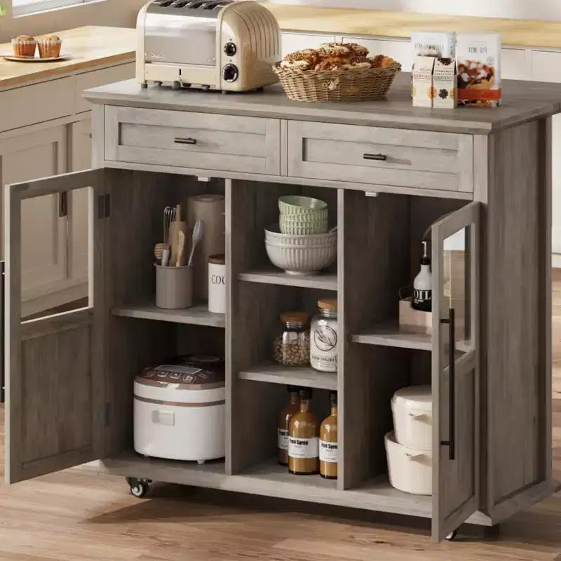 41'' Mobile Farmhouse Kitchen Island with Drop Leaf, Glass Door Cabinets, Open Shelves, 2 Drawers, Towel Bar, Black/Wood