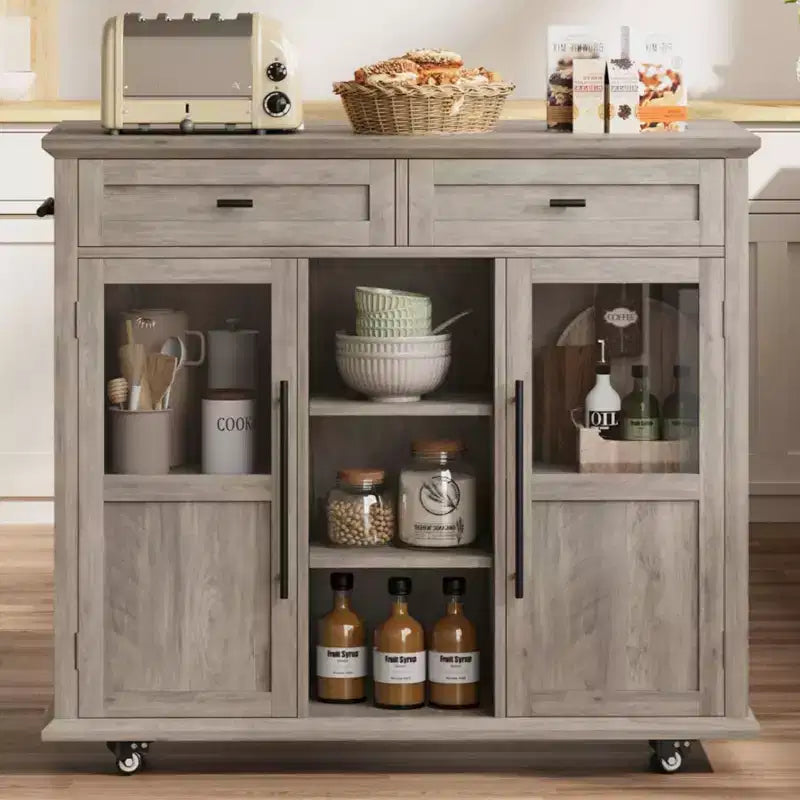 41'' Mobile Farmhouse Kitchen Island with Drop Leaf, Glass Door Cabinets, Open Shelves, 2 Drawers, Towel Bar, Black/Wood