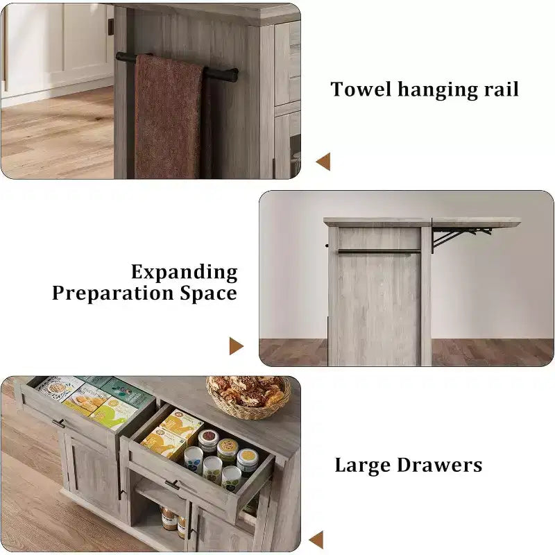41'' Mobile Farmhouse Kitchen Island with Drop Leaf, Glass Door Cabinets, Open Shelves, 2 Drawers, Towel Bar, Black/Wood