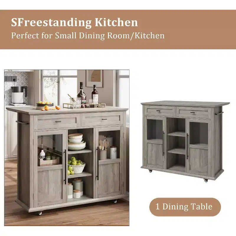 41'' Mobile Farmhouse Kitchen Island with Drop Leaf, Glass Door Cabinets, Open Shelves, 2 Drawers, Towel Bar, Black/Wood