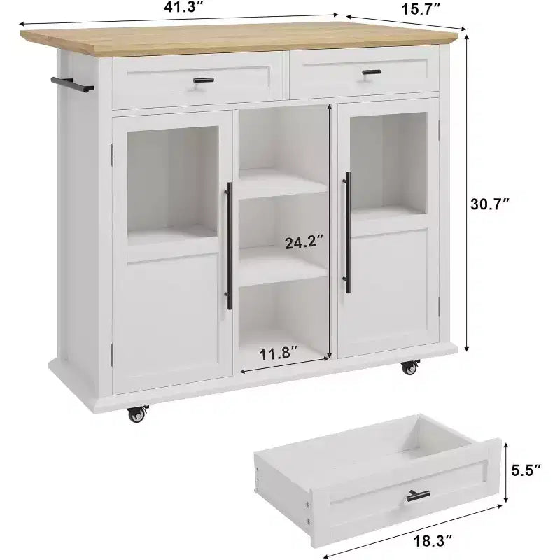 41'' Mobile Farmhouse Kitchen Island with Drop Leaf, Glass Door Cabinets, Open Shelves, 2 Drawers, Towel Bar, Black/Wood