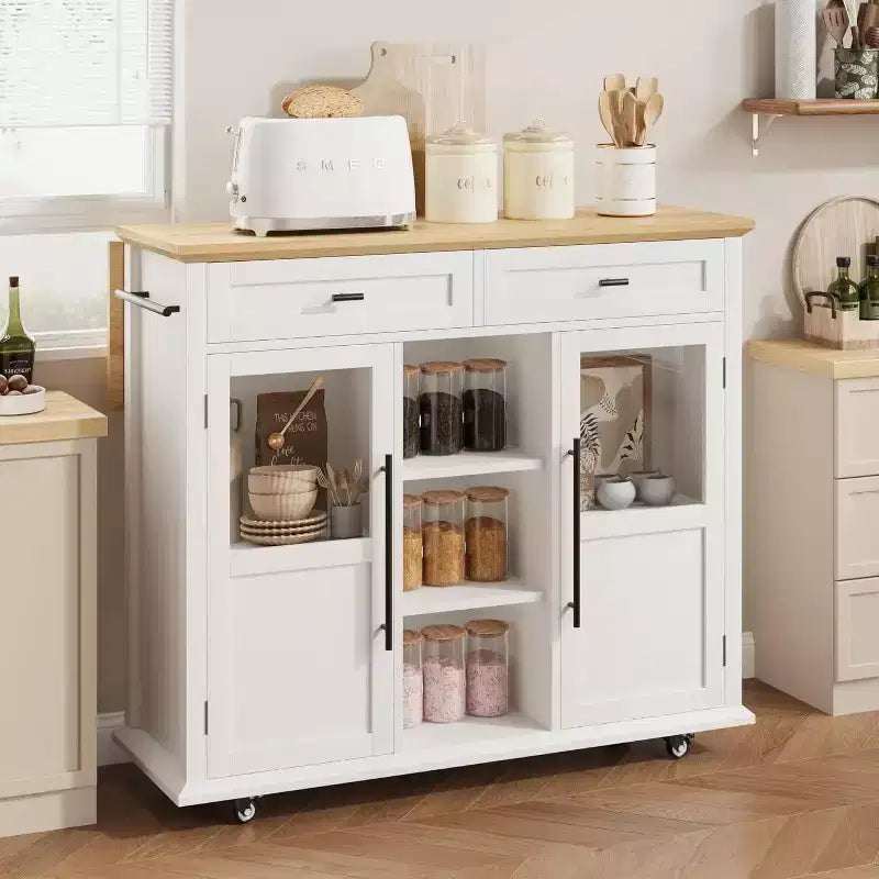 41'' Mobile Farmhouse Kitchen Island with Drop Leaf, Glass Door Cabinets, Open Shelves, 2 Drawers, Towel Bar, Black/Wood