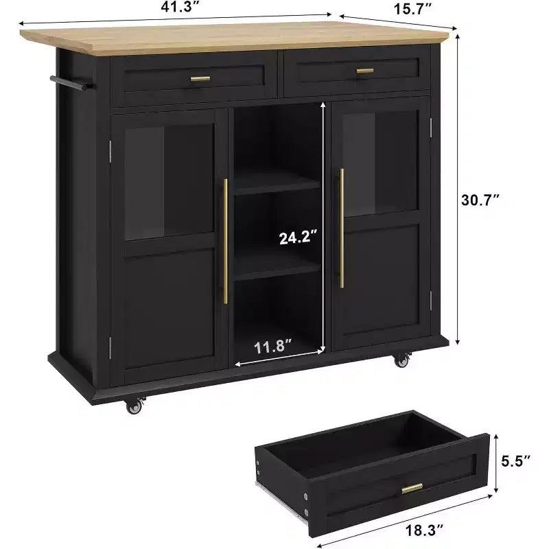 41'' Mobile Farmhouse Kitchen Island with Drop Leaf, Glass Door Cabinets, Open Shelves, 2 Drawers, Towel Bar, Black/Wood