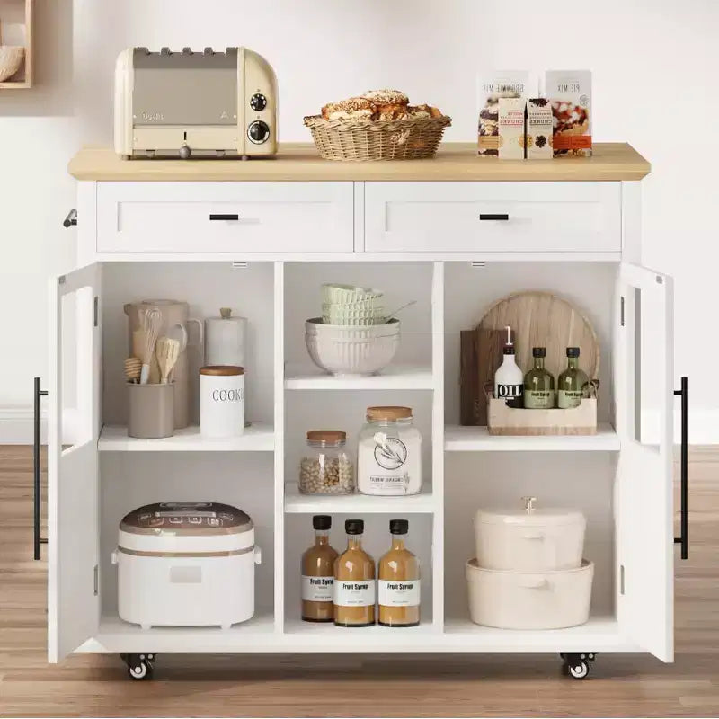 41'' Mobile Farmhouse Kitchen Island with Drop Leaf, Glass Door Cabinets, Open Shelves, 2 Drawers, Towel Bar, Black/Wood