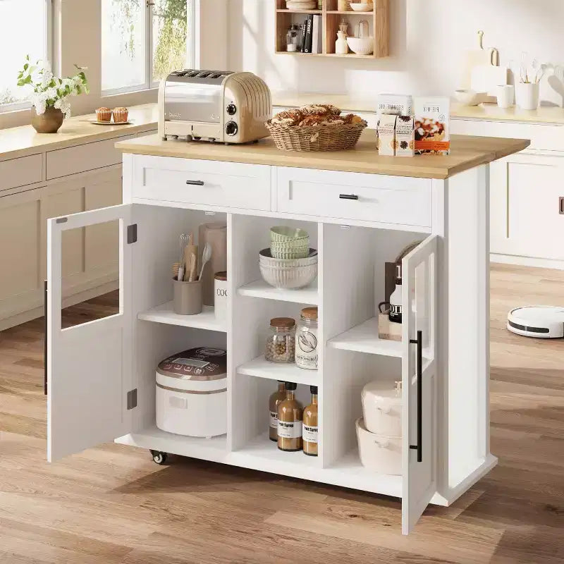 41'' Mobile Farmhouse Kitchen Island with Drop Leaf, Glass Door Cabinets, Open Shelves, 2 Drawers, Towel Bar, Black/Wood