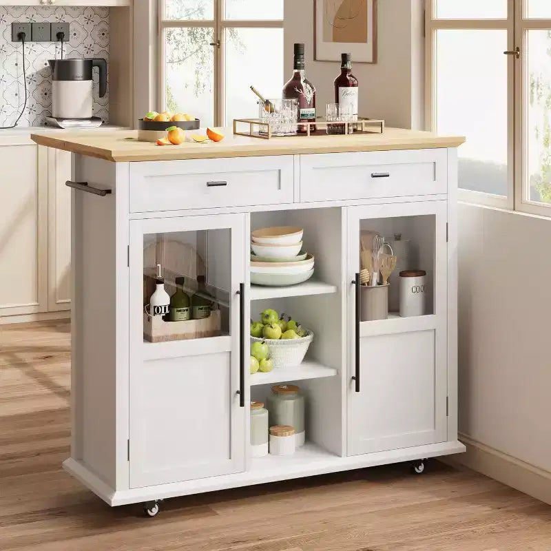 41'' Mobile Farmhouse Kitchen Island with Drop Leaf, Glass Door Cabinets, Open Shelves, 2 Drawers, Towel Bar, Black/Wood