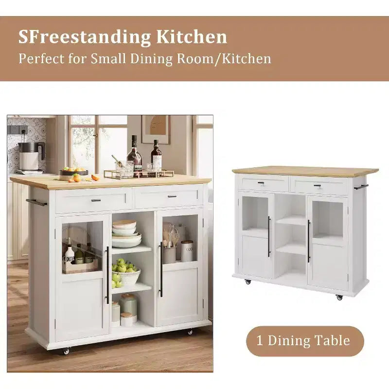 41'' Mobile Farmhouse Kitchen Island with Drop Leaf, Glass Door Cabinets, Open Shelves, 2 Drawers, Towel Bar, Black/Wood