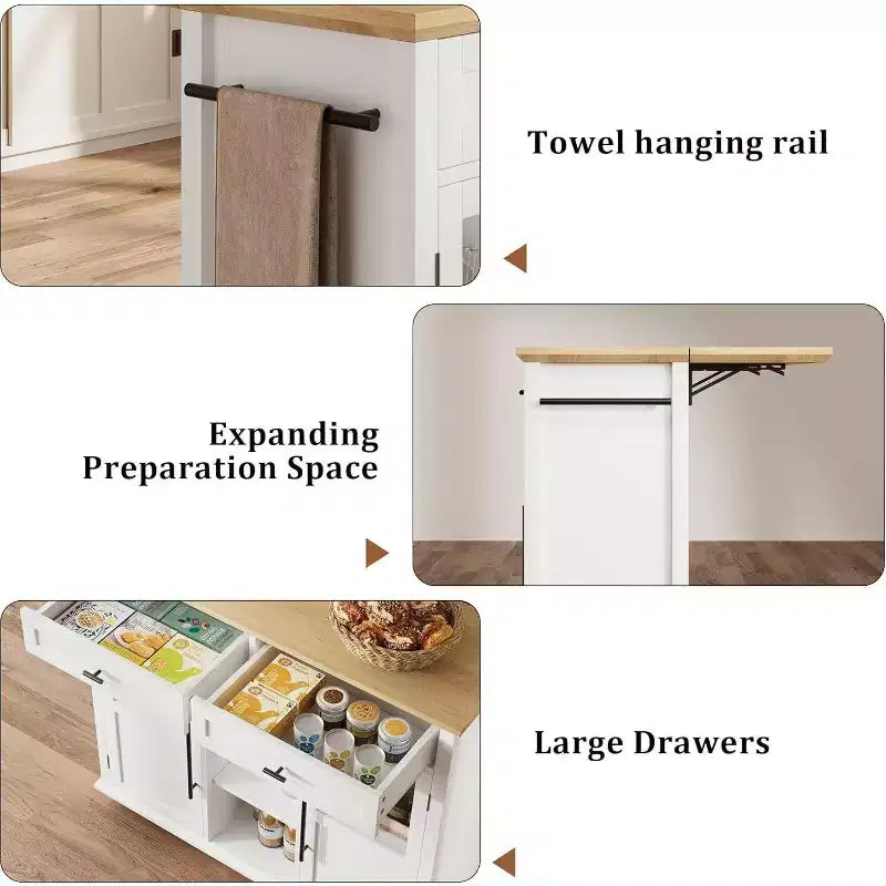 41'' Mobile Farmhouse Kitchen Island with Drop Leaf, Glass Door Cabinets, Open Shelves, 2 Drawers, Towel Bar, Black/Wood