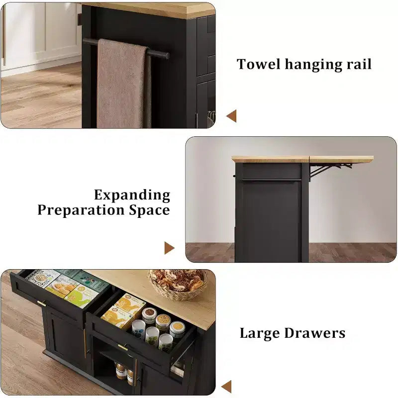 41'' Mobile Farmhouse Kitchen Island with Drop Leaf, Glass Door Cabinets, Open Shelves, 2 Drawers, Towel Bar, Black/Wood