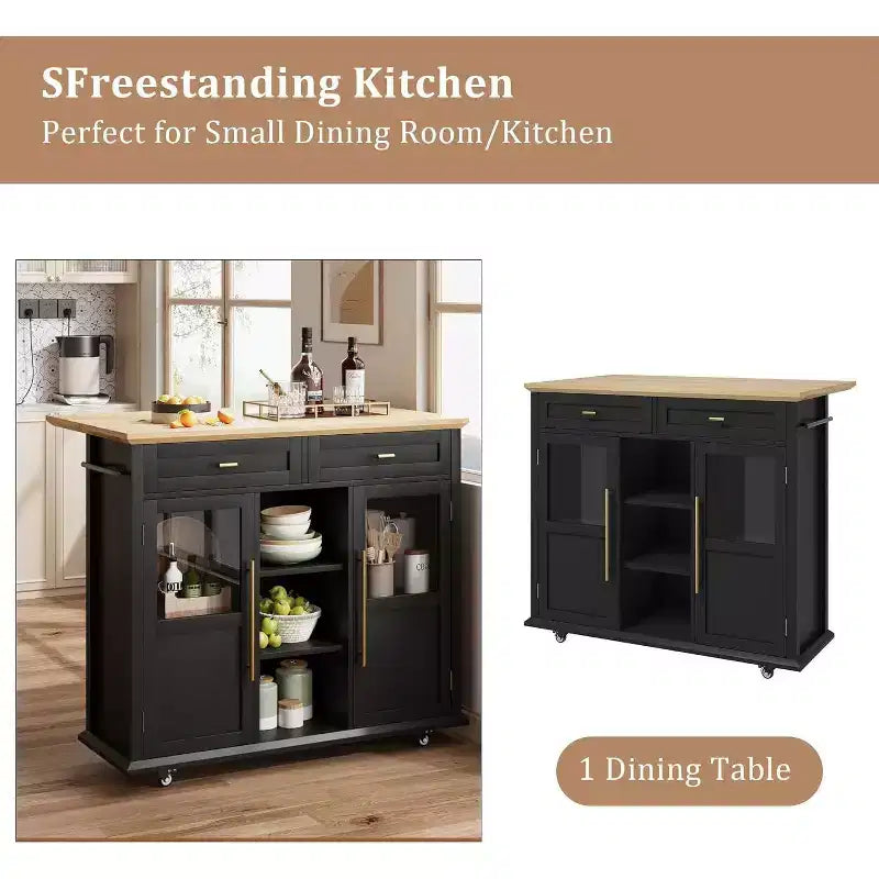 41'' Mobile Farmhouse Kitchen Island with Drop Leaf, Glass Door Cabinets, Open Shelves, 2 Drawers, Towel Bar, Black/Wood