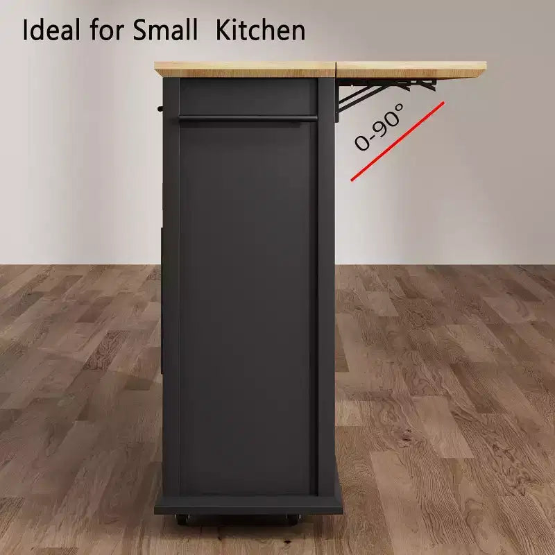 41'' Mobile Farmhouse Kitchen Island with Drop Leaf, Glass Door Cabinets, Open Shelves, 2 Drawers, Towel Bar, Black/Wood