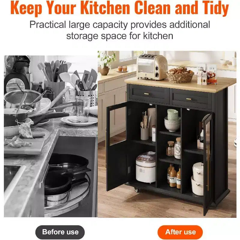 41'' Mobile Farmhouse Kitchen Island with Drop Leaf, Glass Door Cabinets, Open Shelves, 2 Drawers, Towel Bar, Black/Wood