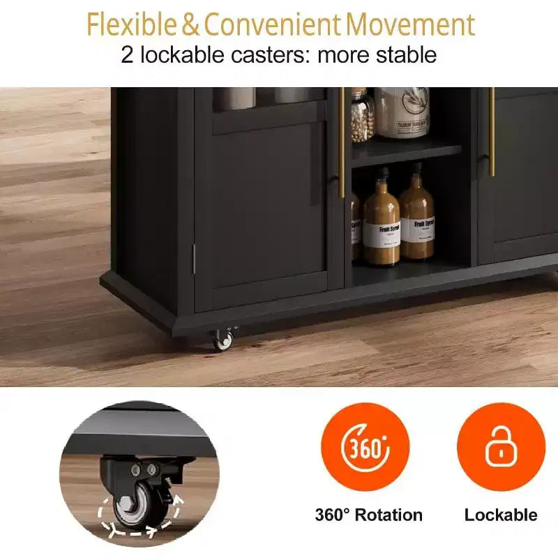 41'' Mobile Farmhouse Kitchen Island with Drop Leaf, Glass Door Cabinets, Open Shelves, 2 Drawers, Towel Bar, Black/Wood