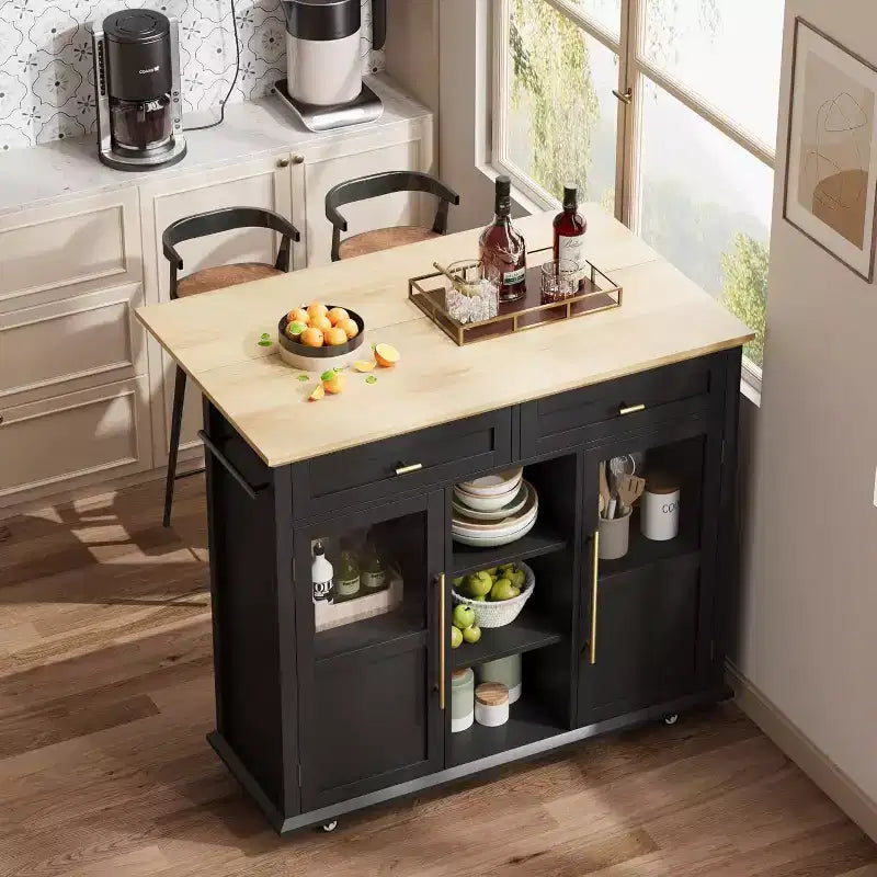 41'' Mobile Farmhouse Kitchen Island with Drop Leaf, Glass Door Cabinets, Open Shelves, 2 Drawers, Towel Bar, Black/Wood