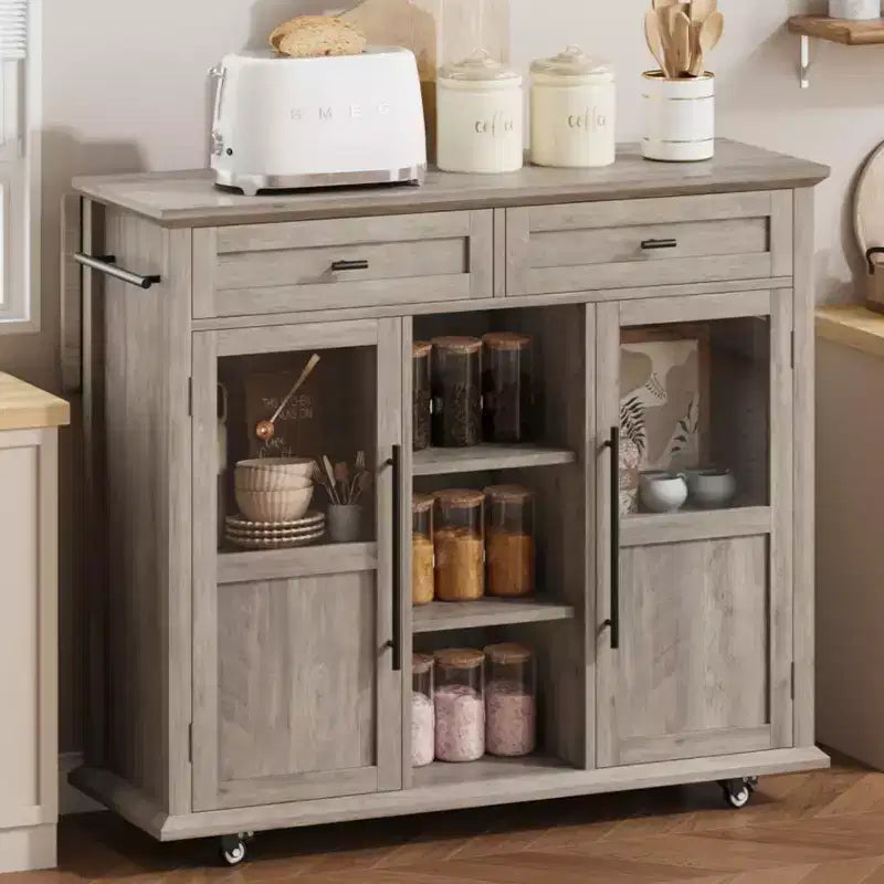 41'' Mobile Farmhouse Kitchen Island with Drop Leaf, Glass Door Cabinets, Open Shelves, 2 Drawers, Towel Bar, Black/Wood
