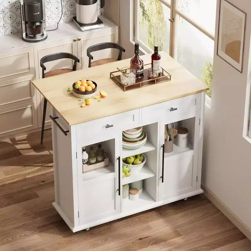 41'' Mobile Farmhouse Kitchen Island with Drop Leaf, Glass Door Cabinets, Open Shelves, 2 Drawers, Towel Bar, Black/Wood