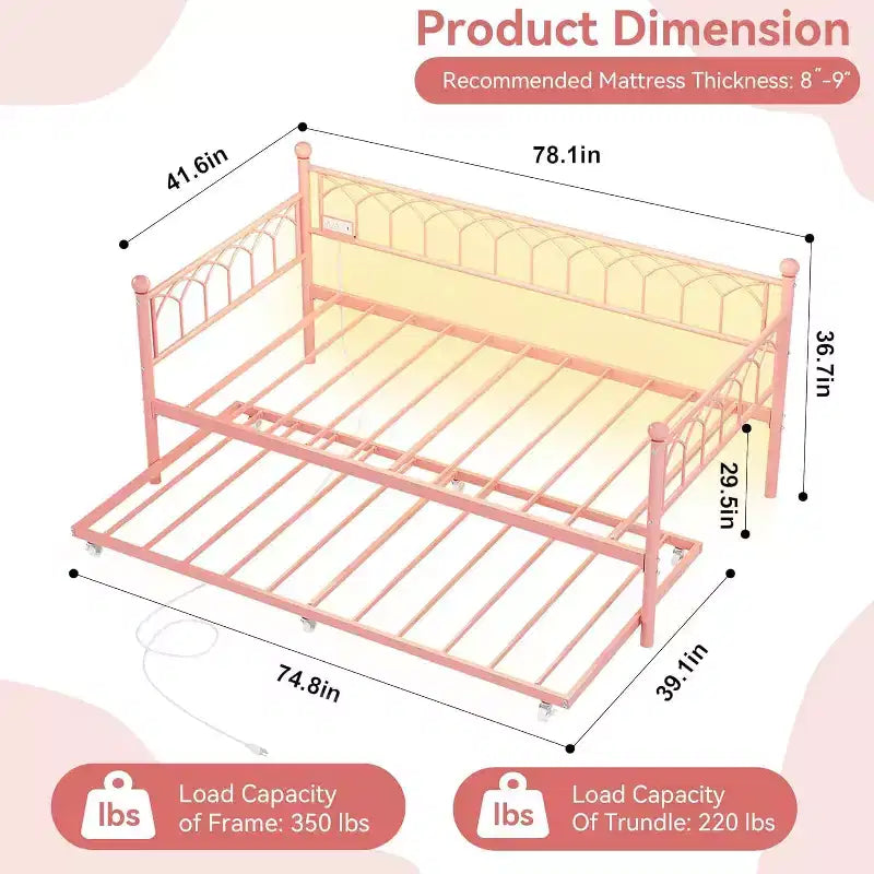 Twin Daybed with Trundle, Metal Sofa Bed Frame with Charging Station and LED Lights for Bedroom, Living Room