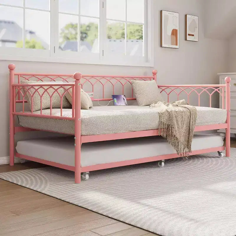 Twin Daybed with Trundle, Metal Sofa Bed Frame with Charging Station and LED Lights for Bedroom, Living Room