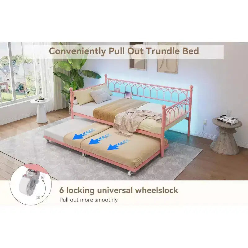 Twin Daybed with Trundle, Metal Sofa Bed Frame with Charging Station and LED Lights for Bedroom, Living Room