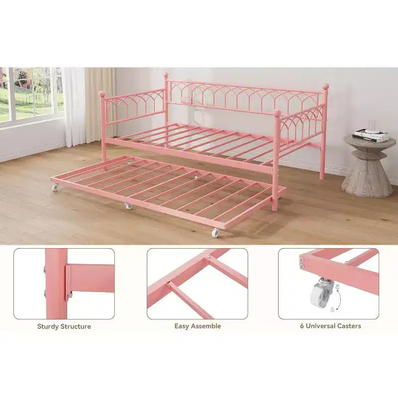 Twin Daybed with Trundle, Metal Sofa Bed Frame with Charging Station and LED Lights for Bedroom, Living Room