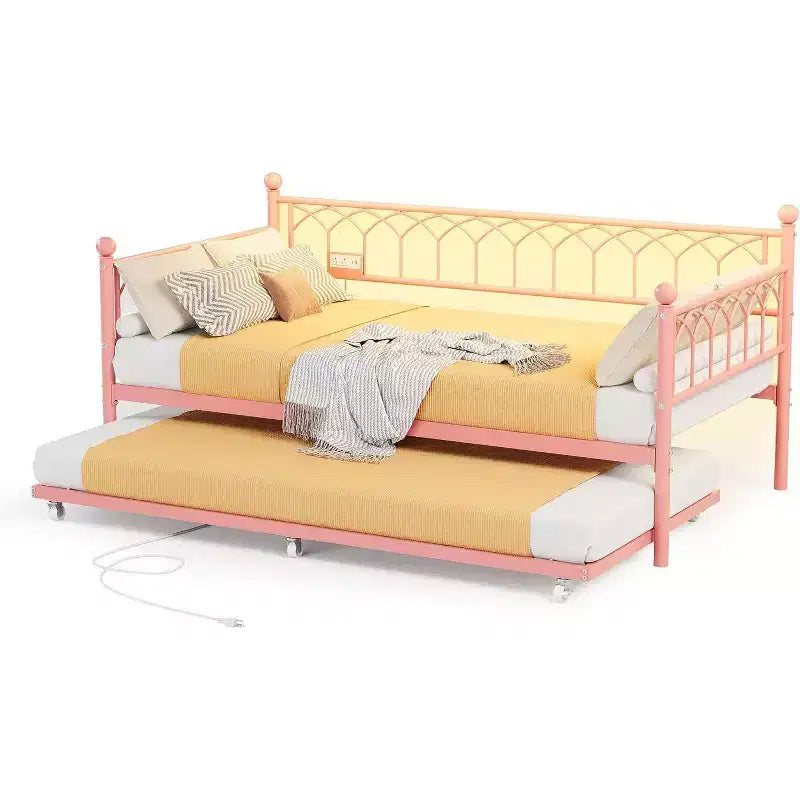 Twin Daybed with Trundle, Metal Sofa Bed Frame with Charging Station and LED Lights for Bedroom, Living Room
