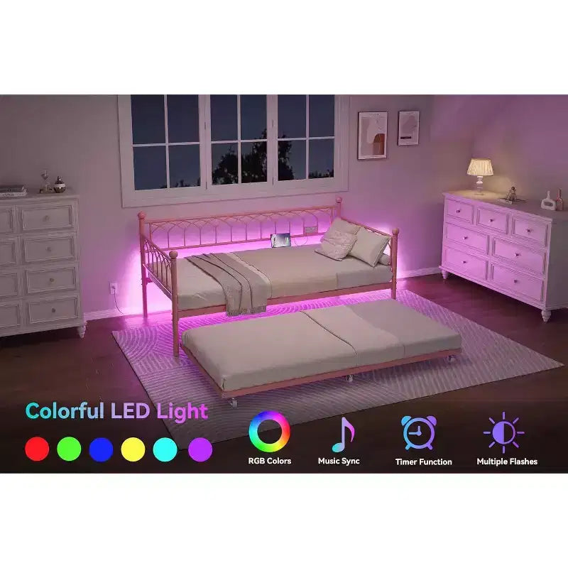 Twin Daybed with Trundle, Metal Sofa Bed Frame with Charging Station and LED Lights for Bedroom, Living Room