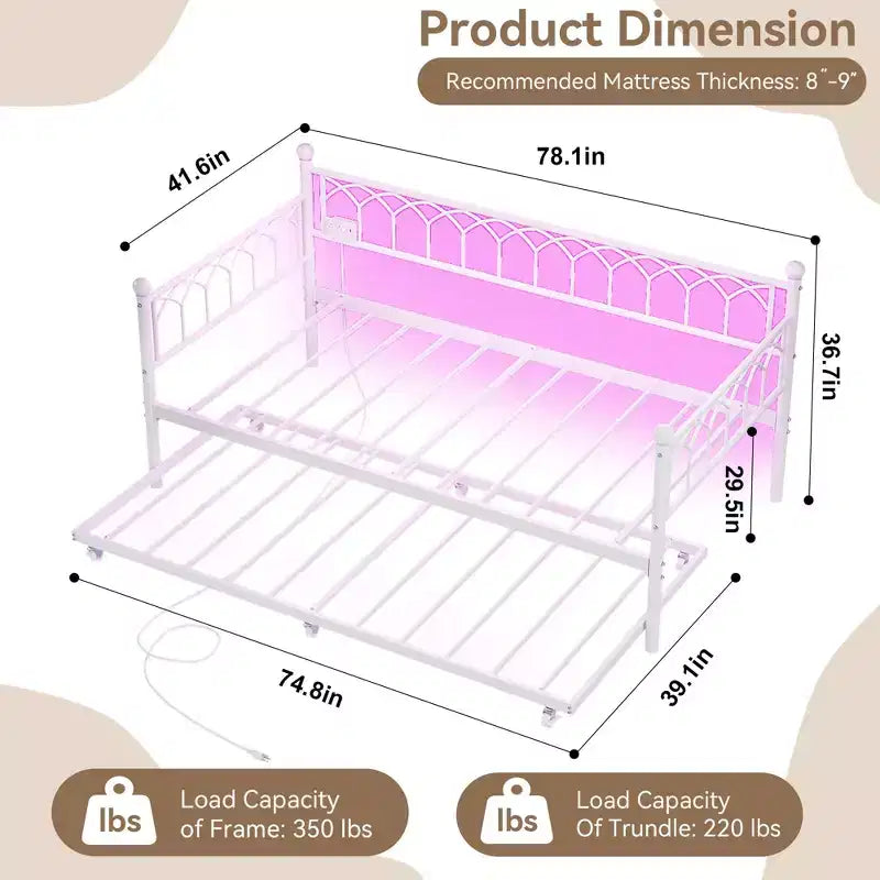 Twin Daybed with Trundle, Metal Sofa Bed Frame with Charging Station and LED Lights for Bedroom, Living Room