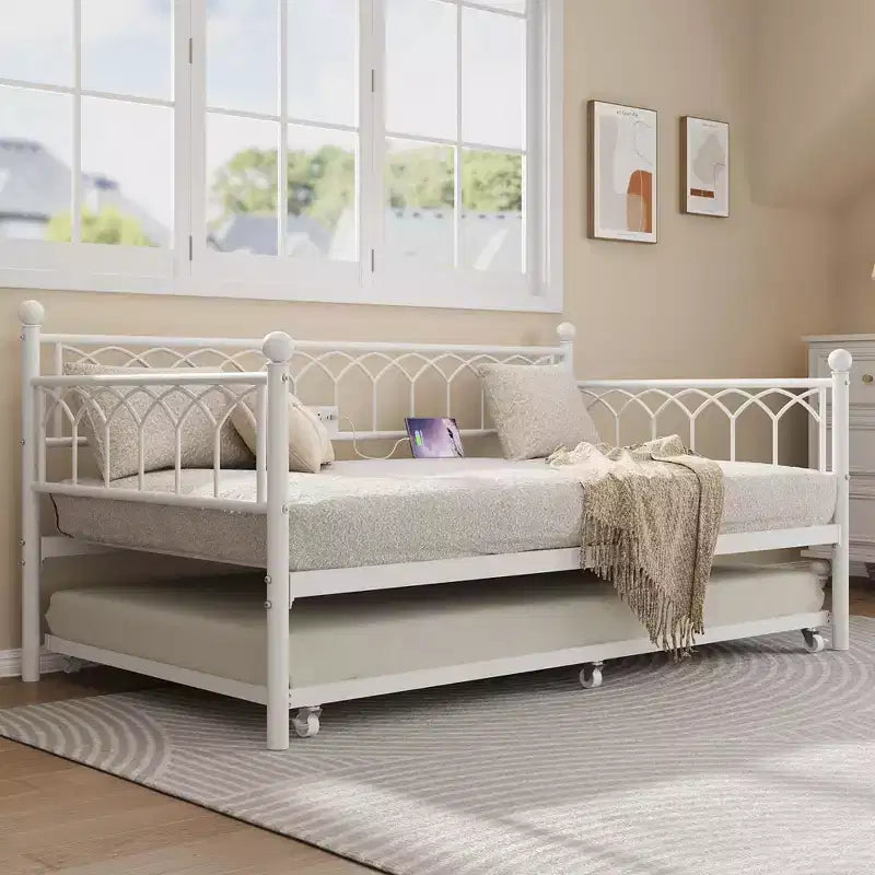 Twin Daybed with Trundle, Metal Sofa Bed Frame with Charging Station and LED Lights for Bedroom, Living Room