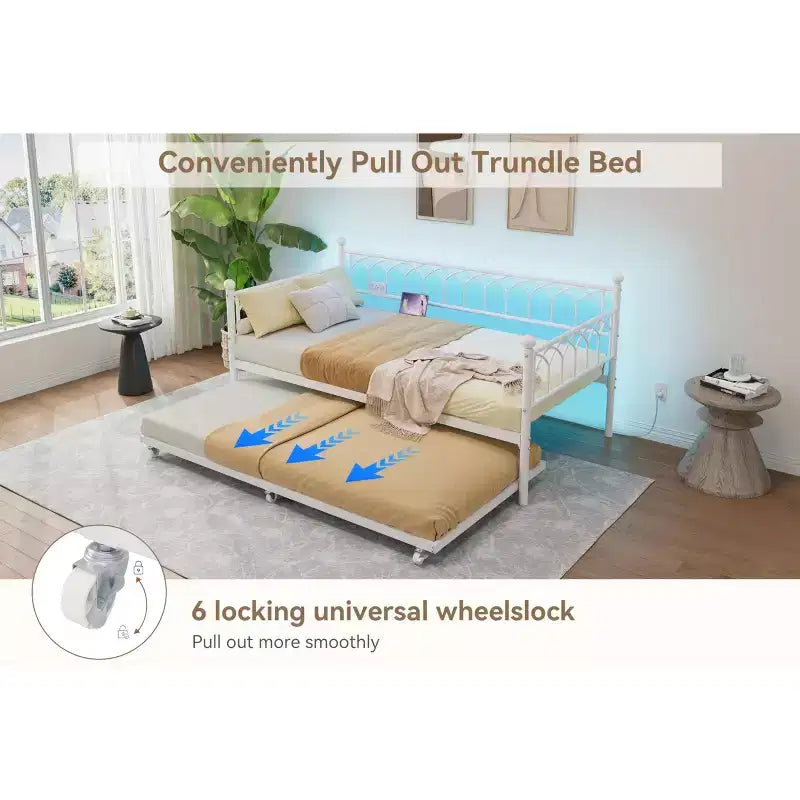Twin Daybed with Trundle, Metal Sofa Bed Frame with Charging Station and LED Lights for Bedroom, Living Room
