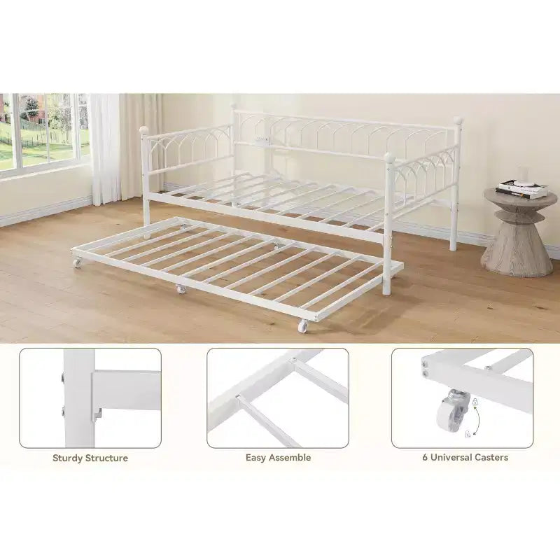 Twin Daybed with Trundle, Metal Sofa Bed Frame with Charging Station and LED Lights for Bedroom, Living Room
